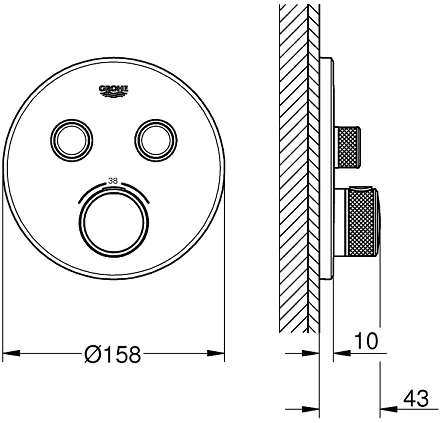 Grohe iebūvējamā dušas termostata SmartControl round virsapmetuma daļa, ar 2 izejām, supersteel