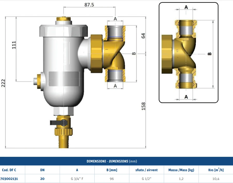 Mut Meccanica Magnetinis šildymo sistemos filtras 3/4" / 3/4" KVS 10,4 montavimas tiesiai