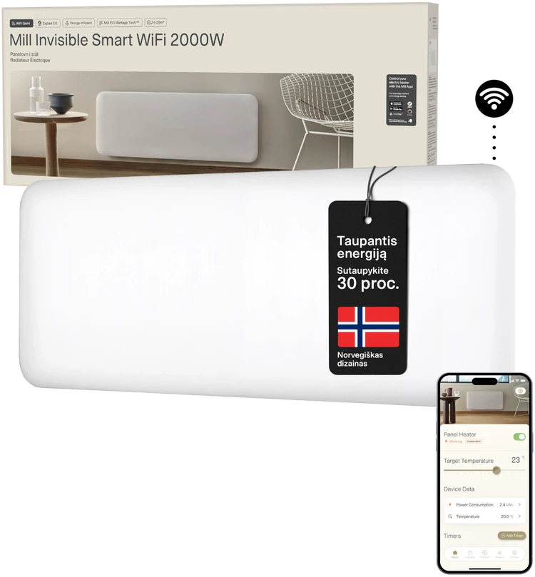 Šildytuvas Mill PA2000WIFI4 | 2000 W | Tinka 24–28 m² patalpoms | Baltas | IPX4
