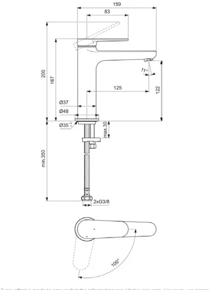 Praustuvo maišytuvas Ideal Standard CERAFINE O Nuovo H120, be dugno vožtuvo, BlueStart, 3,8 l/min, chromas