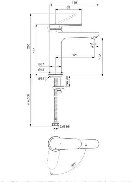 Praustuvo maišytuvas Ideal Standard CERAFINE O Nuovo H120, be dugno vožtuvo, BlueStart, 3,8 l/min, chromas