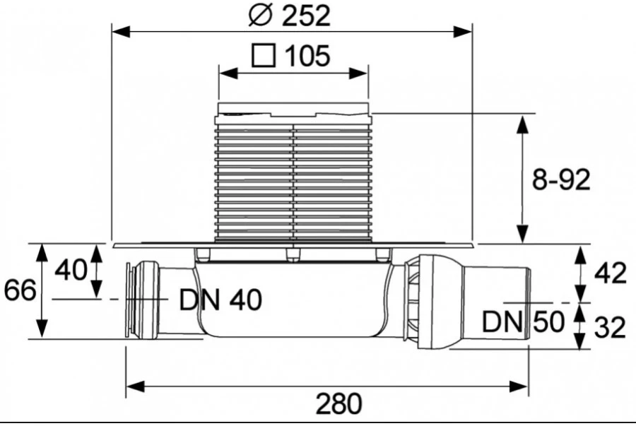 TECE DRAINPOINT S trapo komplektas DN50, horizontalus