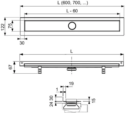 TECElinus dušo latako komplektas su dvipusėmis grotelėmis steel/plate , su užlenktu flanšu 700mm