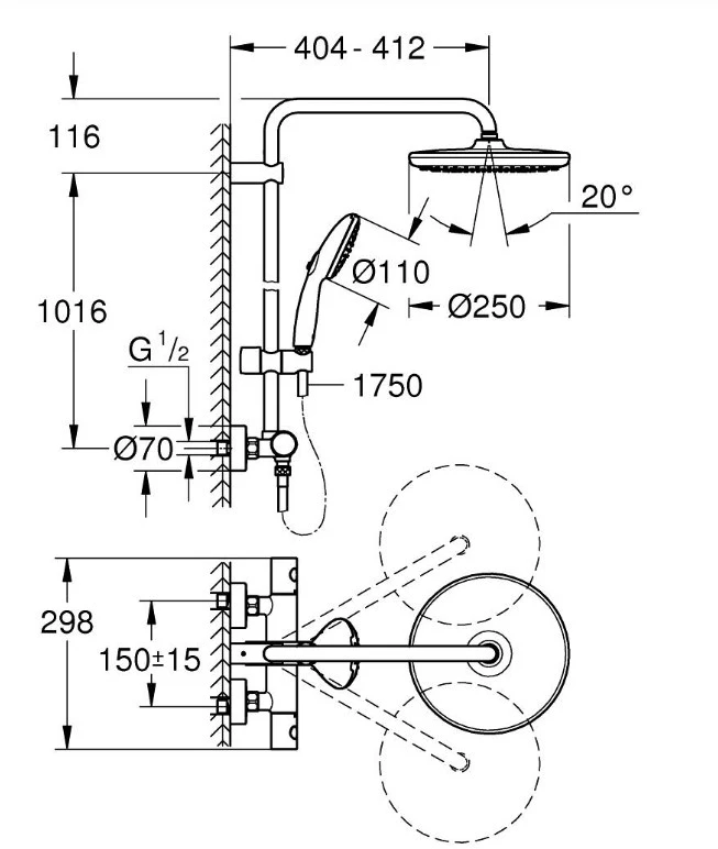 Termostatinė dušo sistema Grohe Tempesta System 250 (galva Ø250, 2`jų srovių rankinis dušas, 8 l/min), juoda matinė