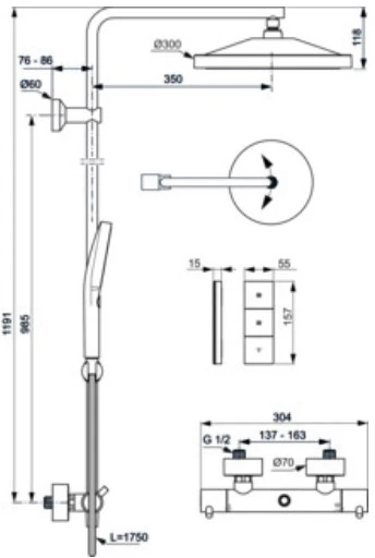 Termostatinė dušo sistema Ideal Standard T125+ su apvalia 300 mm, 3 funkcijų pagrindine dušo galva 12 l/min