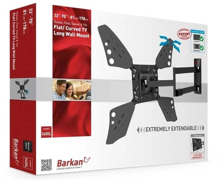 Laikiklis BARKAN 3400L.B 65" lygiam/lenktam TV, 4 lankstų, sieninis, juodas