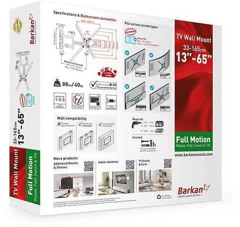 Laikiklis BARKAN 3400W.W 65" lygiam/lenktam TV, 4 lankstų, sieninis, baltas