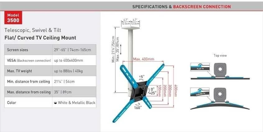 Barkan Flat/ Curved TV Ceiling Mount 3500 Lubinis laikiklis, Full motion, 29-63 ", Maksimalus svoris (talpa) 40 kg, Baltas