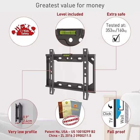 Barkan plokščio/lenkto televizoriaus sieninis laikiklis E202+, fiksuotas, 26-39", maksimalus svoris (talpa) 30 kg, Juodas