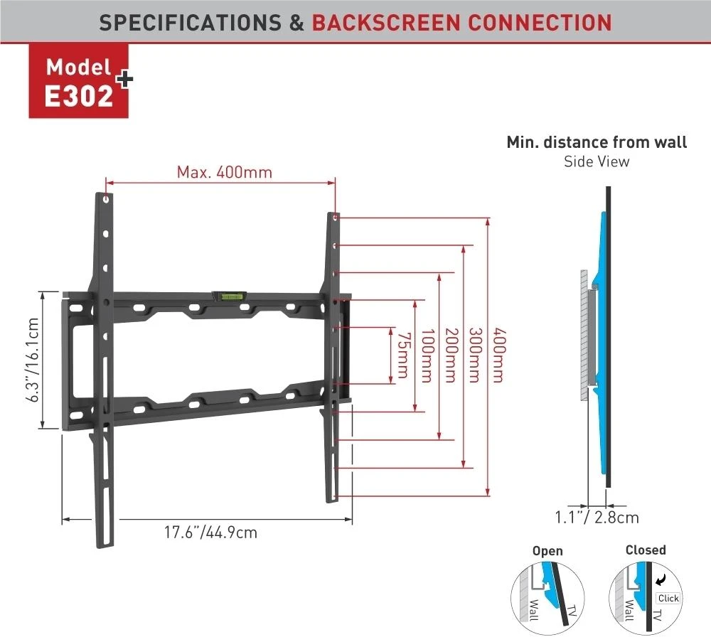 Laikiklis BARKAN E302+.B 29"-65" LED televizorius, fiksuotas, sieninis, juodas