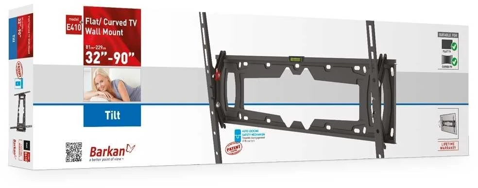 Barkan Flat/ Curved TV Wall Mount E410+ Sieninis laikiklis, Pakreiptas, 32-90 ", Maksimalus svoris (talpa) 60 kg, Juodas