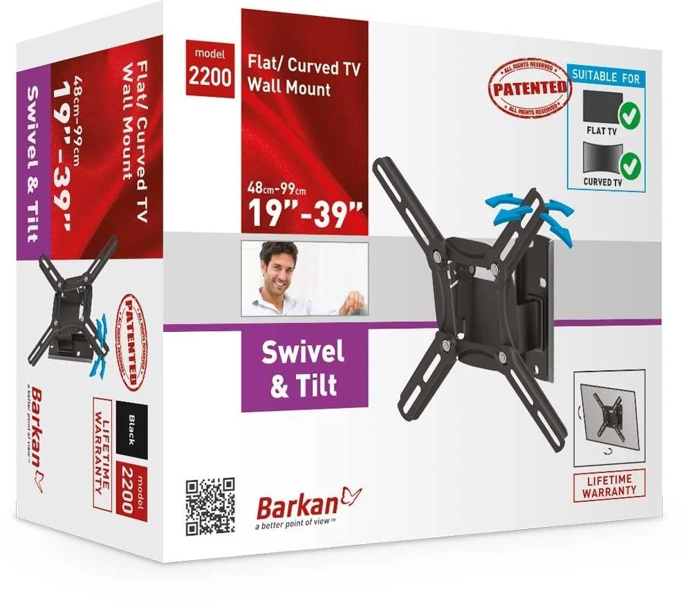 Laikiklis BARKAN 2200.B 26"-39" LED televizorius, 2 lankstų, sieninis, juodas