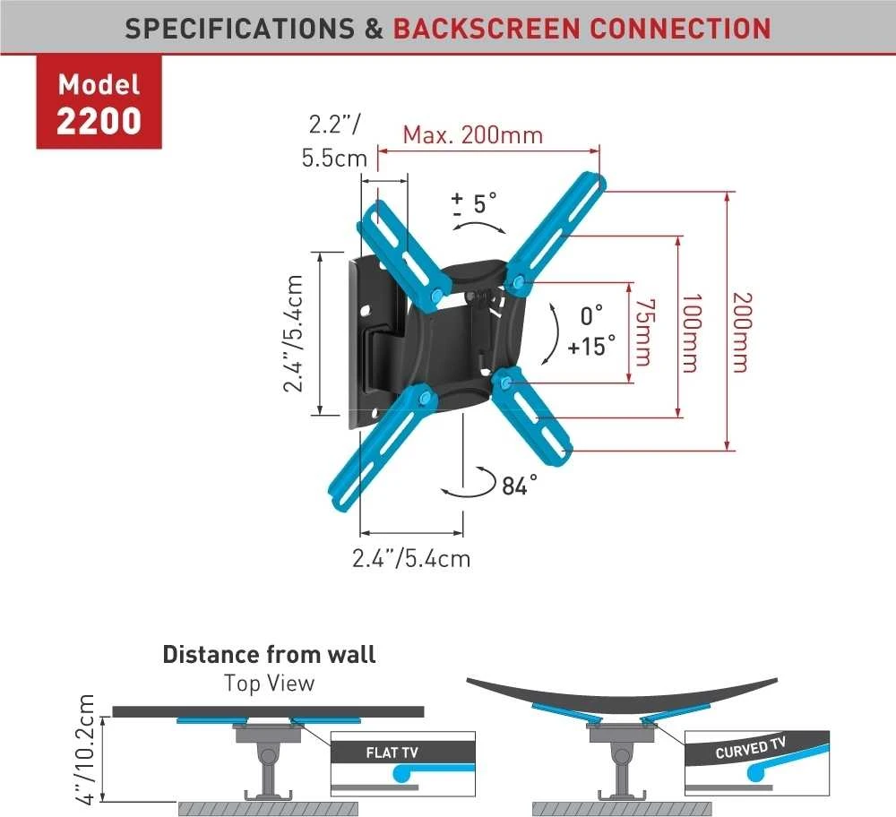 Laikiklis BARKAN 2200.B 26"-39" LED televizorius, 2 lankstų, sieninis, juodas