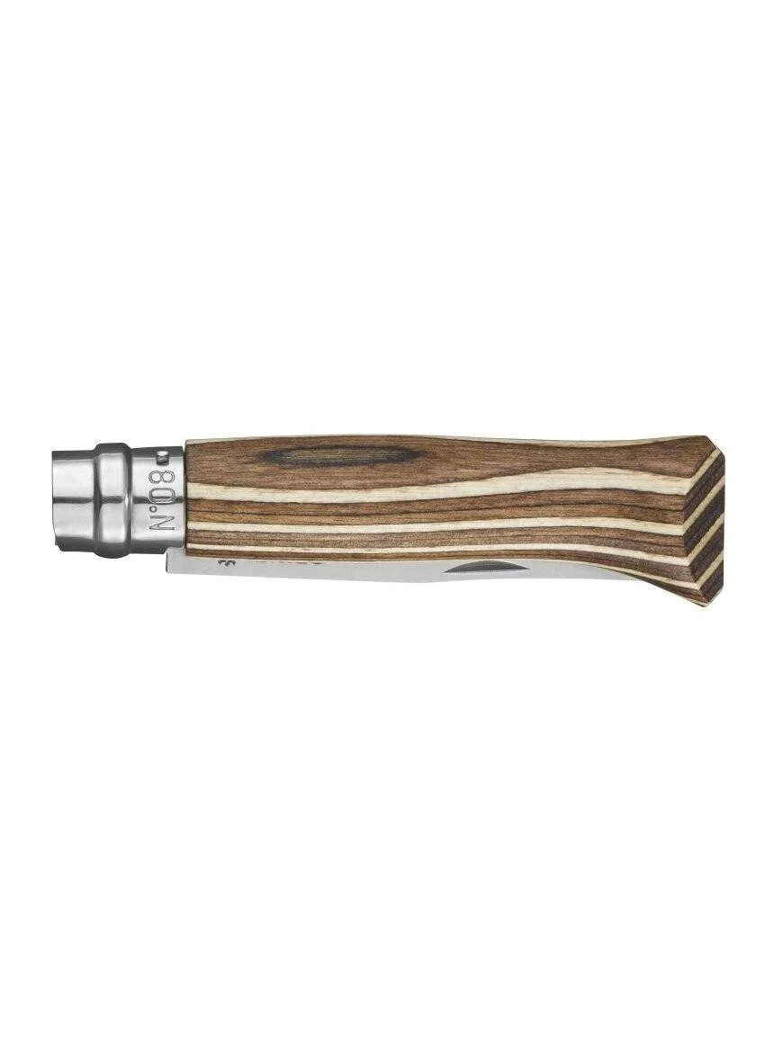 Peilis Opinel Nr.8 Laminated Brown nerūdijančio plieno ašmenimis ir ruda beržo rankena
