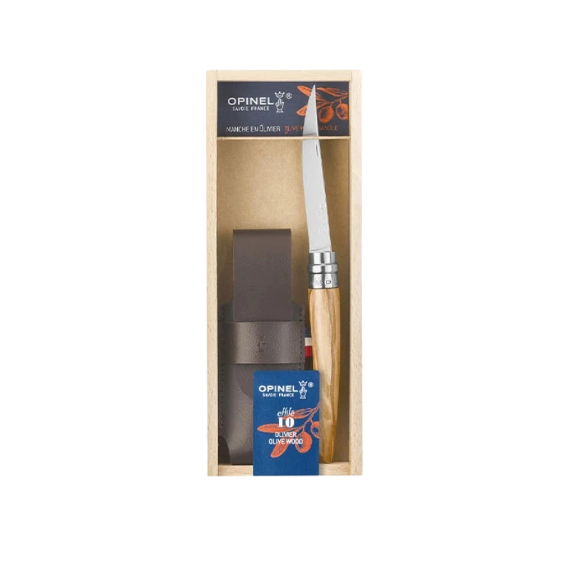 Peilis plonais ašmenims dežutėje Opinel Case N10 Slim Olive Mirror Blade