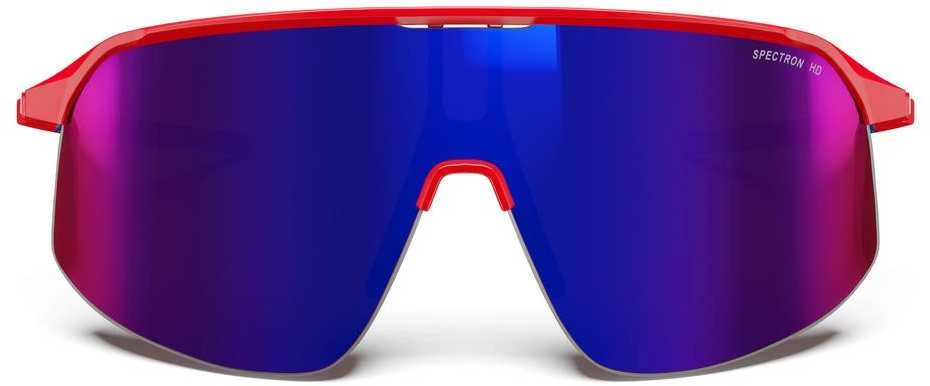 Julbo Density akiniai su raudonu rėmeliu ir mėlynais lęšiais