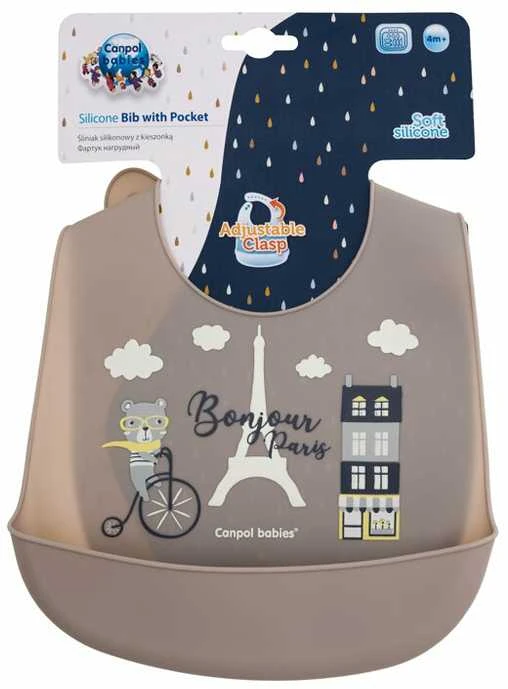 Canpolbabies CANPOL BABIES silikoninis seilinukas su kišene BONJOUR PARIS, tamsiai smėlio spalvos, 74/027_bei