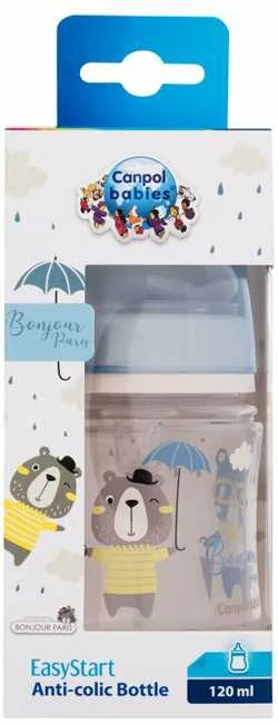 CANPOL BABIES plataus kaklelio buteliukas EASYSTART BONJOUR PARIS, 120 ml, 35/231_blu
