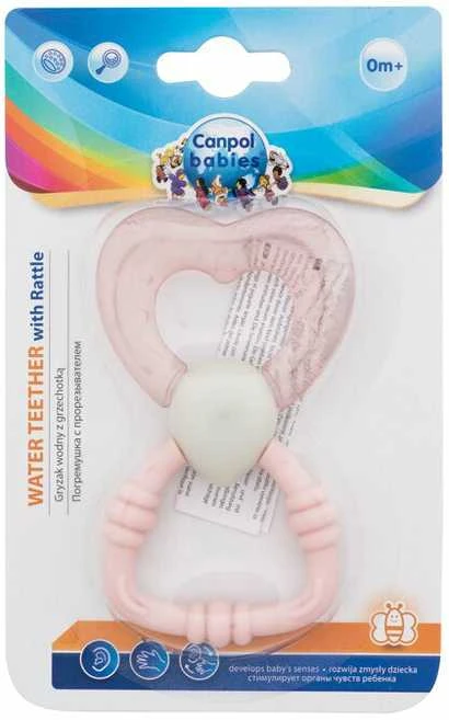 Rožinis Canpol babies kramtukas-barškutis pakuotėje