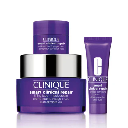 Veido ir kaklo priežiūros rinkinys Clinique Smart Clinical Repair: stangrinamasis kremas (50 ml) + raukšlių serumas (10 ml) + paakių kremas (5 ml) + kosmetinė