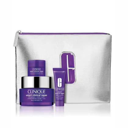 Veido ir kaklo priežiūros rinkinys Clinique Smart Clinical Repair: stangrinamasis kremas (50 ml) + raukšlių serumas (10 ml) + paakių kremas (5 ml) + kosmetinė