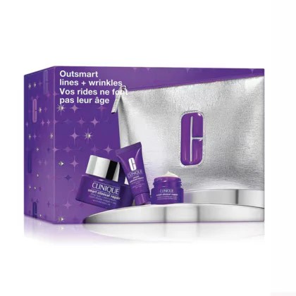 Veido ir kaklo priežiūros rinkinys Clinique Smart Clinical Repair: stangrinamasis kremas (50 ml) + raukšlių serumas (10 ml) + paakių kremas (5 ml) + kosmetinė