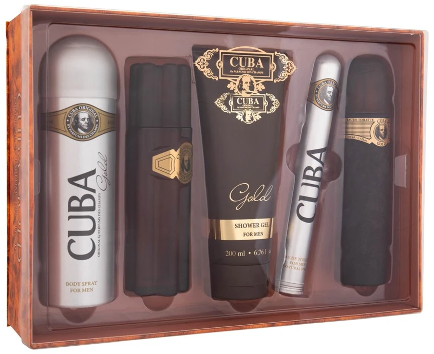 Cuba Gold Must Have rinkinys tualetinio vandens purškiklis 100 ml + tualetinis vandens purškiklis 35 ml + purškiamas dezodorantas 200 ml + dušo želė 200 ml + po skutimosi 100 ml