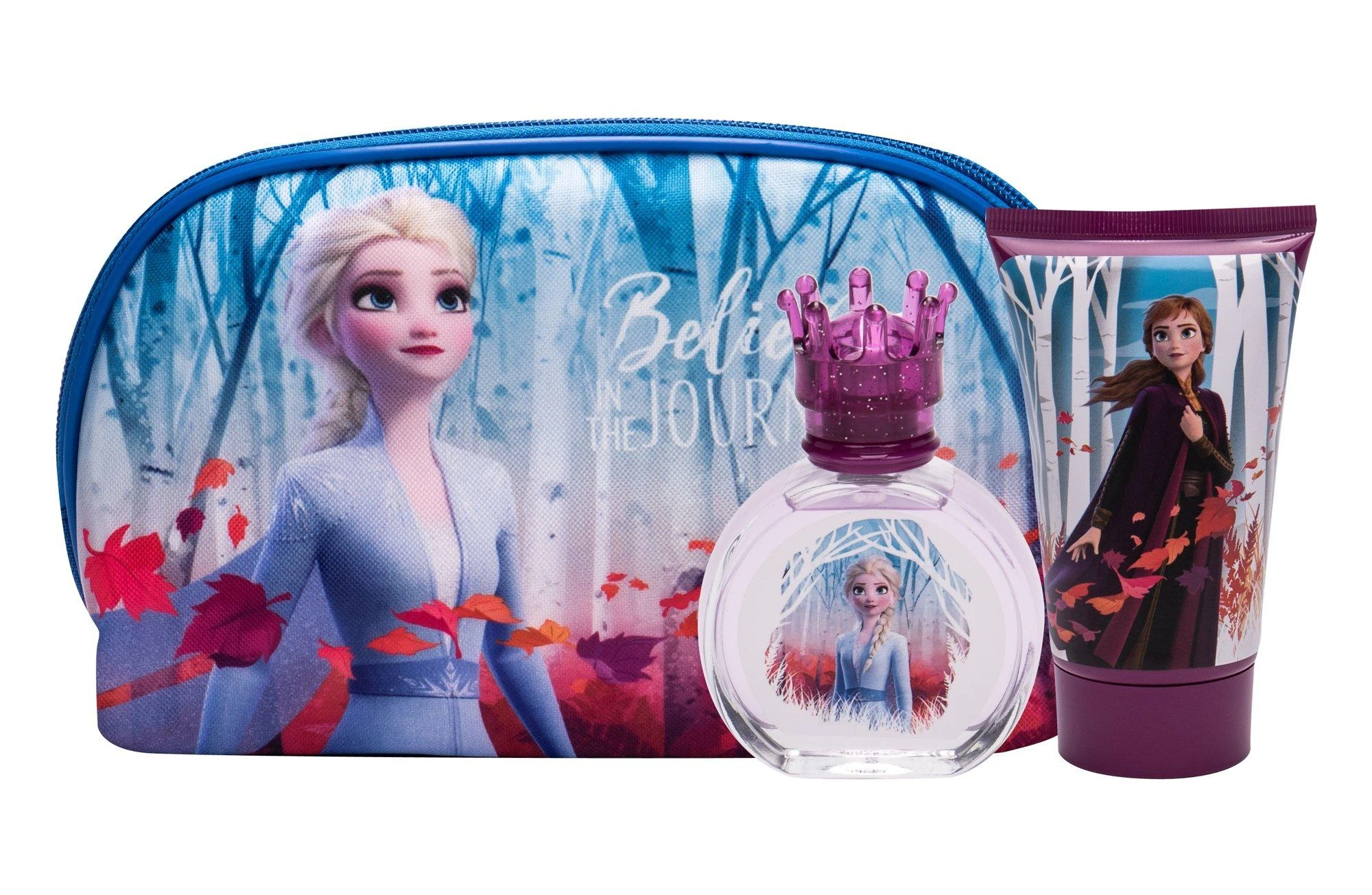 Disney Frozen II vaikiškos kosmetikos rinkinys (EDT tualetinis vanduo, 50 ml + dušo želė, 100 ml + kosmetinė)