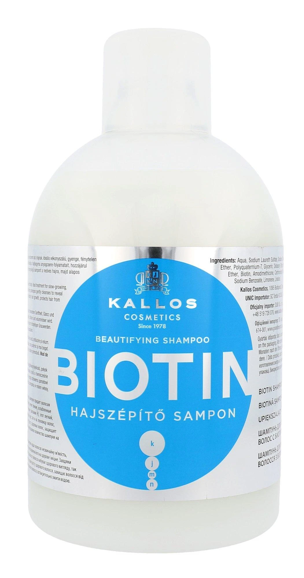 Skatinantis plaukų augimą šampūnas Kallos Biotin 1000ml ploniems silpniems ir blizgesį praradusiems plaukams