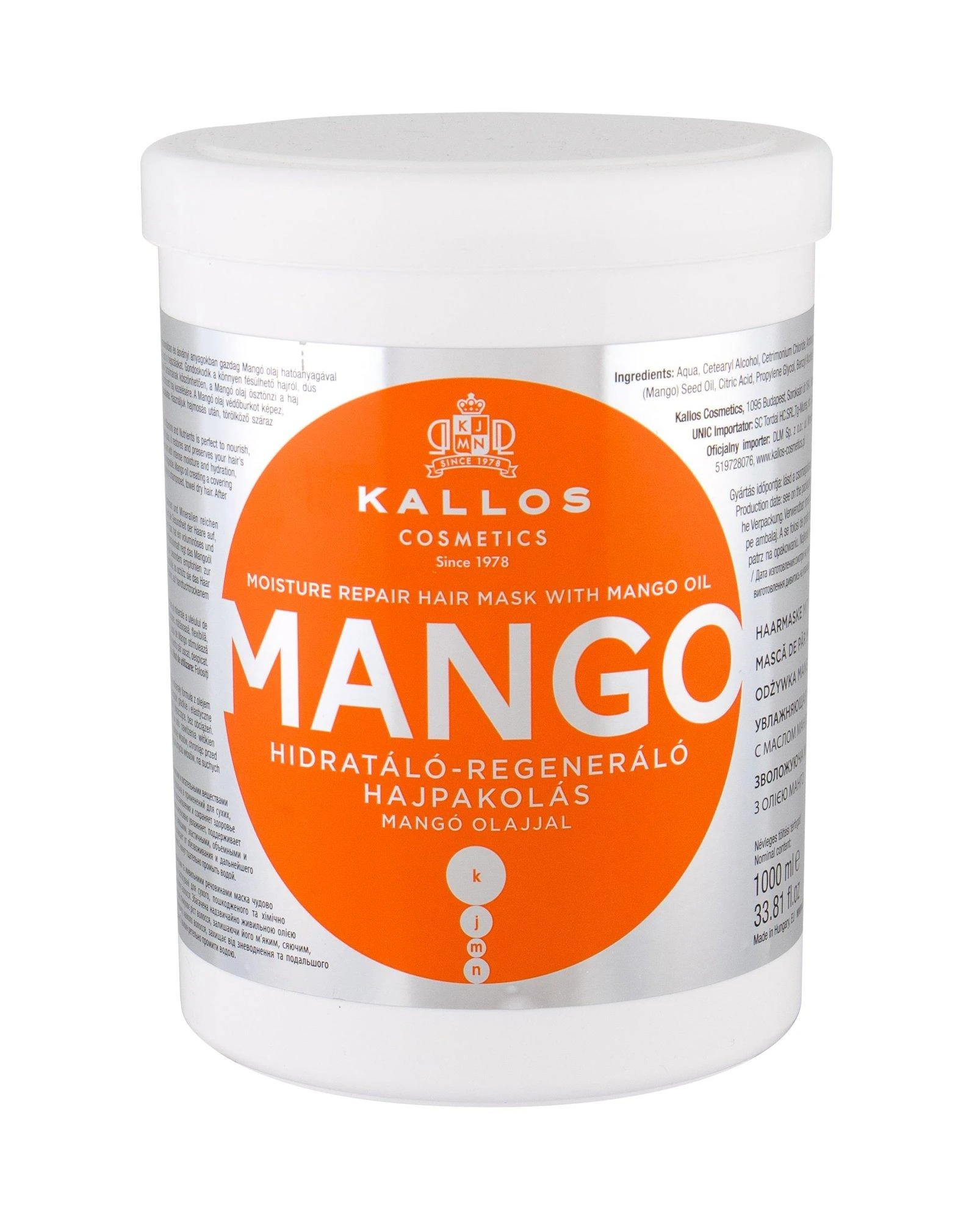 Atkuriamoji plaukų kaukė su mango aliejumi Kallos MANGO Moisture Repair Hair Mask 1000 ml