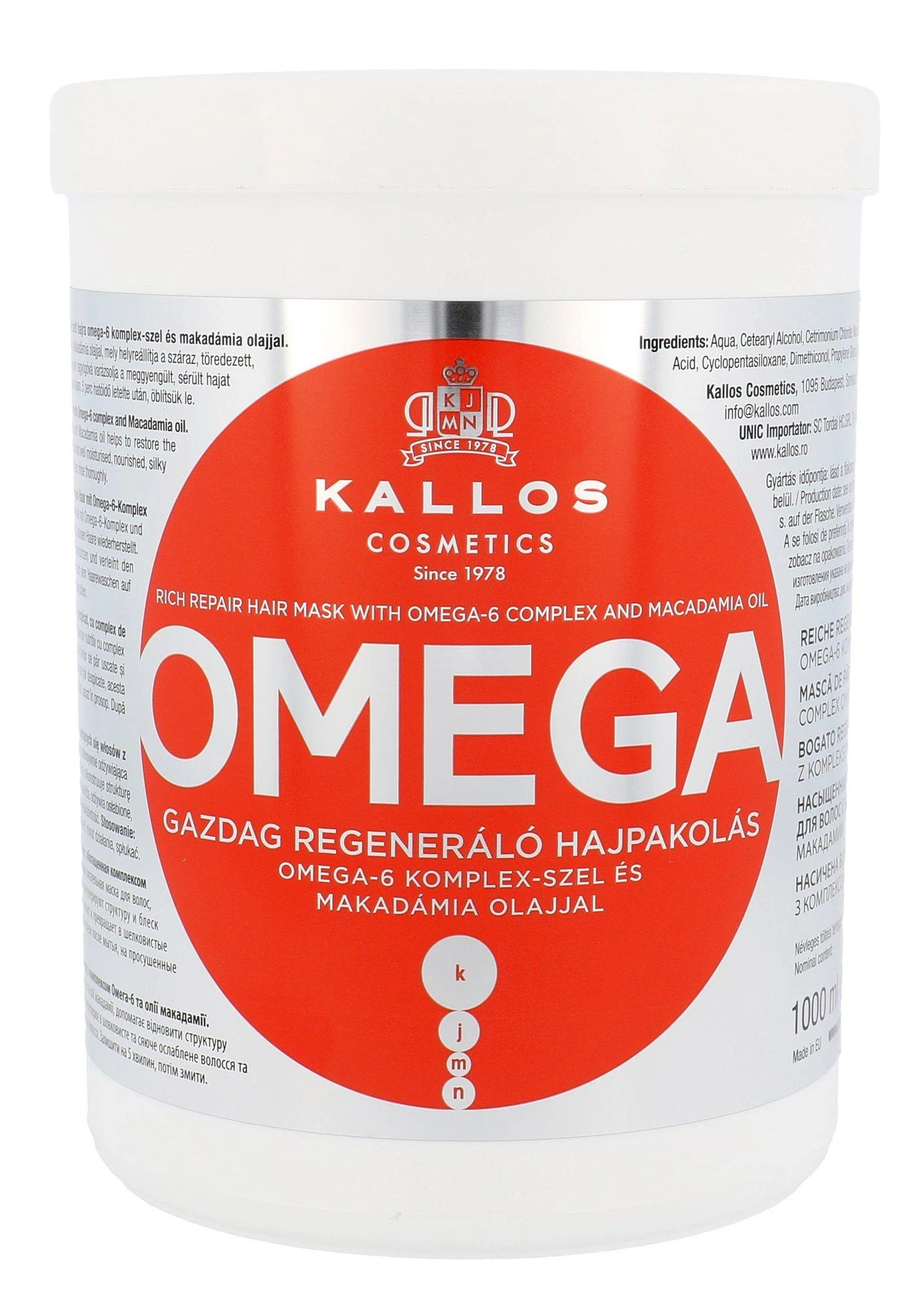 Kaukė sausiems pažeistiems plaukams Kallos OMEGA Rich Repair Hair Mask 1000 ml