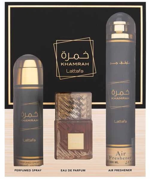 Lattafa Khamrah EDP rinkinys unisex (EDP 100 ml + Dezodorantas 200 ml + Air Freshener 300 ml)