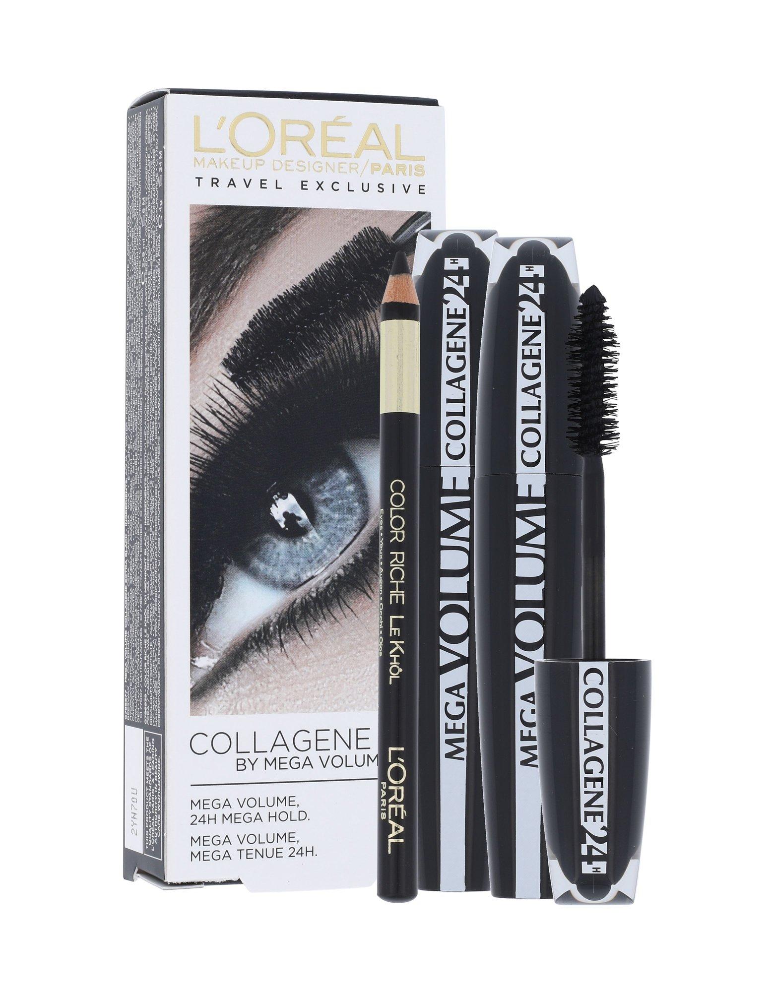 Set L'Oreal Paris: Mega Volume Collagene 24h Extra Blakstienų tušas Juodas, 2 pcs, 9 ml + Contour Khol Kohl Akių apvadas Juodas 1.2 g