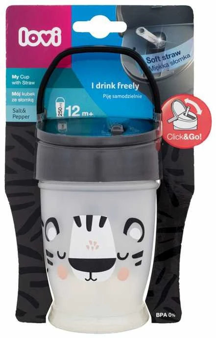 LOVI puodelis su šiaudeliu JUNIOR Salt&Pepper, 250 ml, 35/356