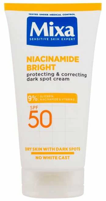 Mixa Niacinamide Bright apsauganti ir koreguojanti tamsias dėmes kreminis veido priežiūros priemonė nuo saulės