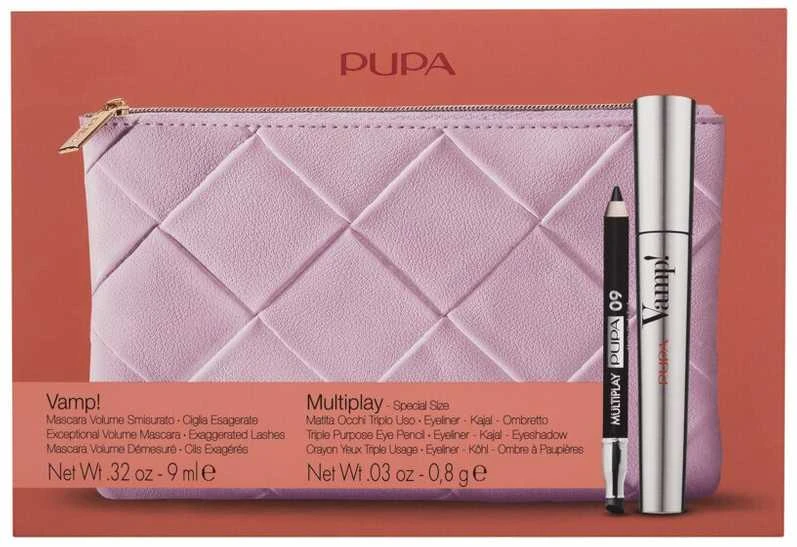 Set Pupa: Multiplay Double-Ended Eyeshadow & Kajal Akių apvadas 2-In-1 09 Deep Juodas 1.2 g + Vamp! Paraben-Free Extra Volume Blakstienų tušas 100 Juodas, 9 ml + Textile Makeup Bag Rožinė