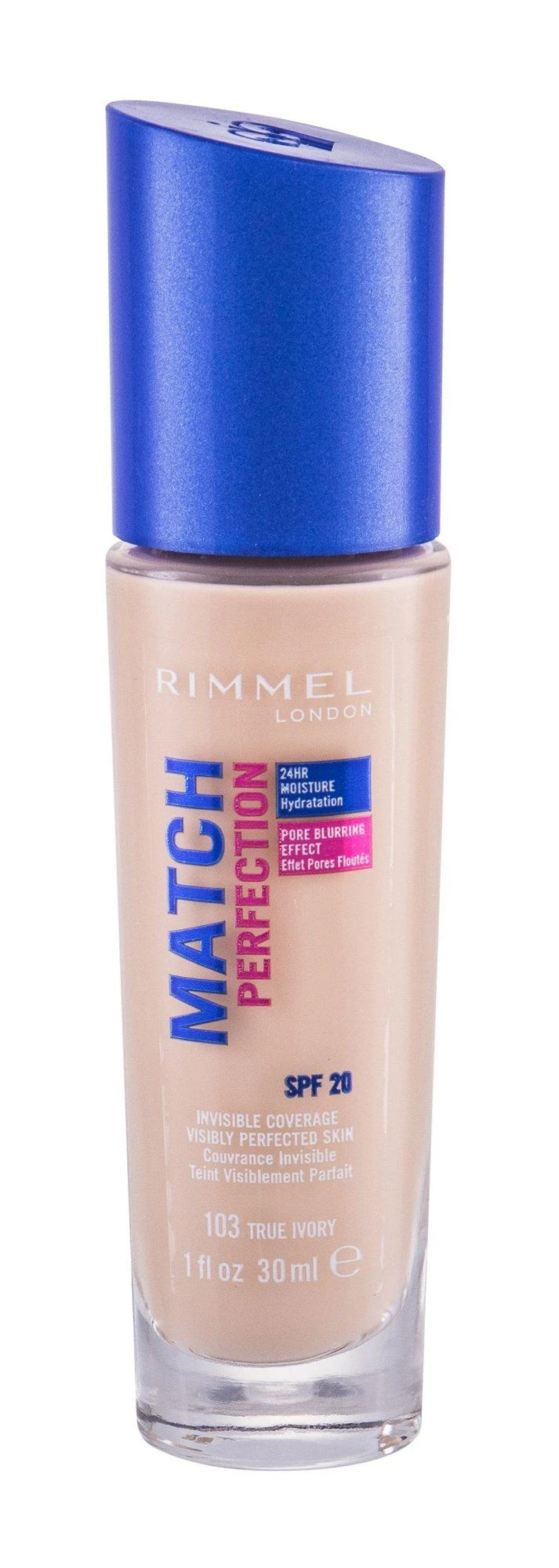 Rimmel London Match Perfection SPF20 makiažo pagrindas Moterims 30 ml, True Ivory 103 - Neutral