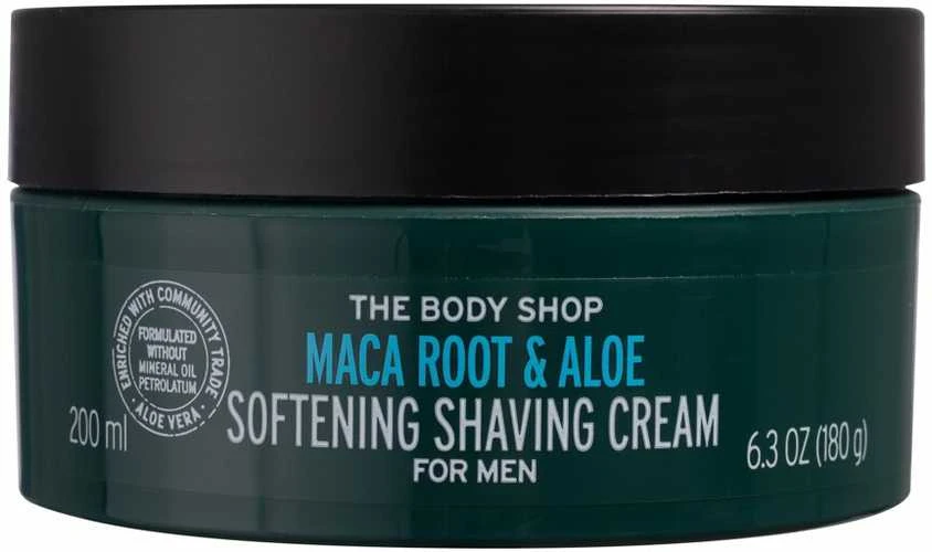 „The Body Shop“ minkštinamasis skutimosi kremas su maca šaknimis ir alaviju