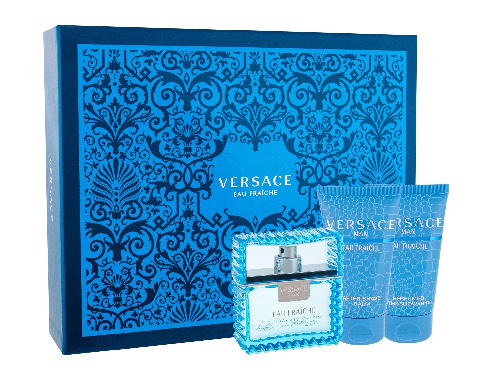 Versace Man Eau Fraiche rinkinys vyrams (EDT, 50 ml + dušo želė, 50 ml+ balzamas po skutimosi, 50 ml)