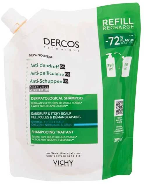 Vichy Dercos Nuo pleiskanų Normal To Oily Hair Dermatological Šampūnas Refill šampūno papildymas pleiskanojančiai, riebiai galvos odai, 390 ml