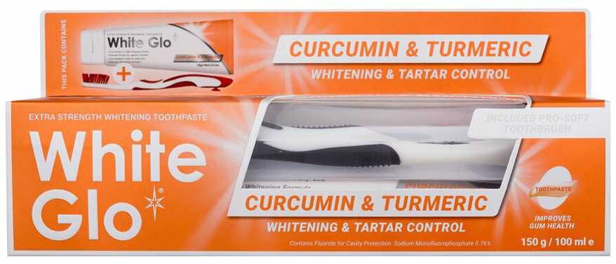 White Glo Baltas Glo Curcumin & Turmeric Dantų pasta balinanti dantų pasta su kurkuminu ir ciberžole 150g/100ml + dantų šepetėlis
