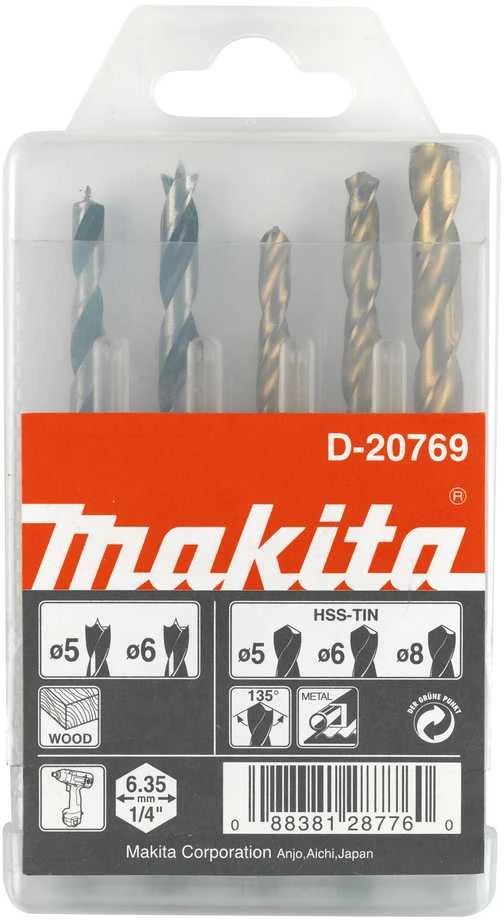 Grąžtas Makita 1/4" Grąžtų komplektas. (Medžiui 5, 6; Metalui 5,6,8) D-20769