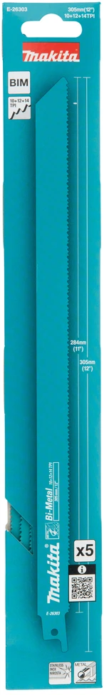 Makita Bi-Metal tiesinio pjūklo pjūkleliai metalui, 305 mm (10+12+14 TPI), 5 vnt. E-26303 Ašmenys skirti šioms medžiagoms: plienas, nerūdijantis plienas