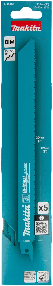 Makita Bi-Metal tiesinio pjūklo pjūkleliai metalui, 225 mm (10+12+14 TPI), 5 vnt. E-26294 Ašmenys skirti šioms medžiagoms: plienas, nerūdijantis plienas