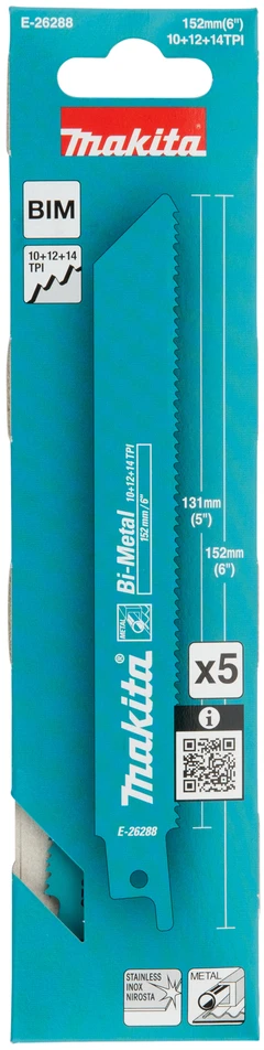 Makita Bi-Metal tiesinio pjūklo pjūkleliai metalui, 152 mm (10+12+14 TPI), 5 vnt E-26288 Ašmenys skirti šioms medžiagoms: plienas, nerūdijantis plienas