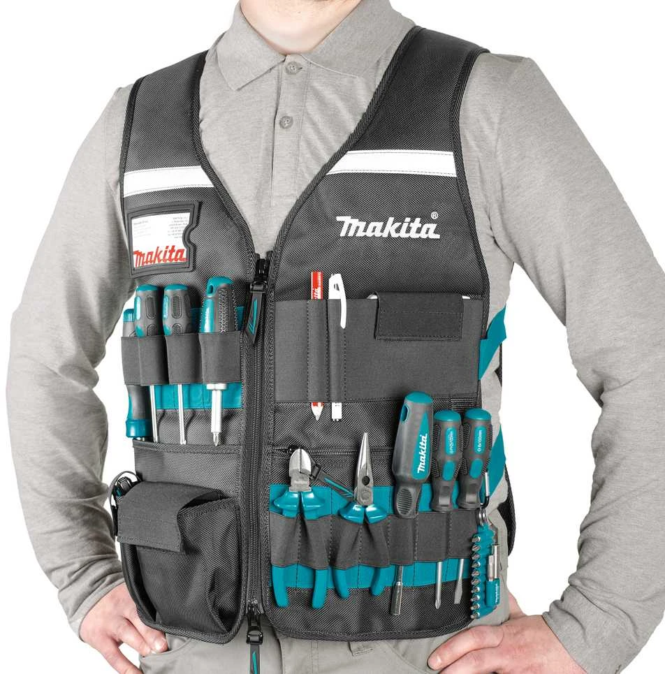 Makita Darbinė liemenė su reguliuojamais skyriais įrankiams. E-15609