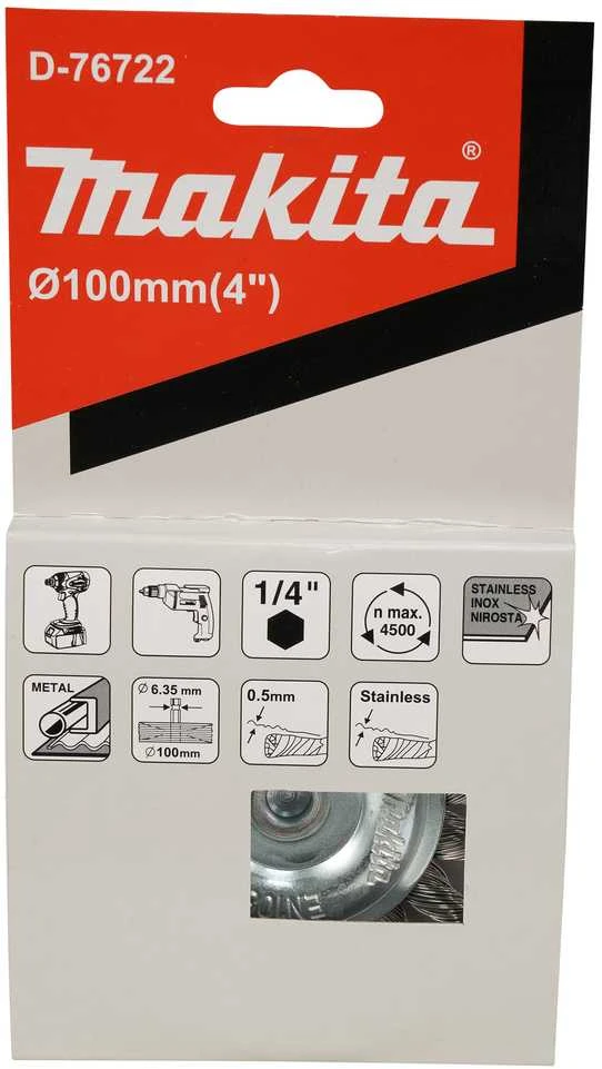 Makita Disko formos 100mm, su 1/4'' šešiakampiu antgaliu, Nerūdijantis plienas (Sukta viela) D-76722