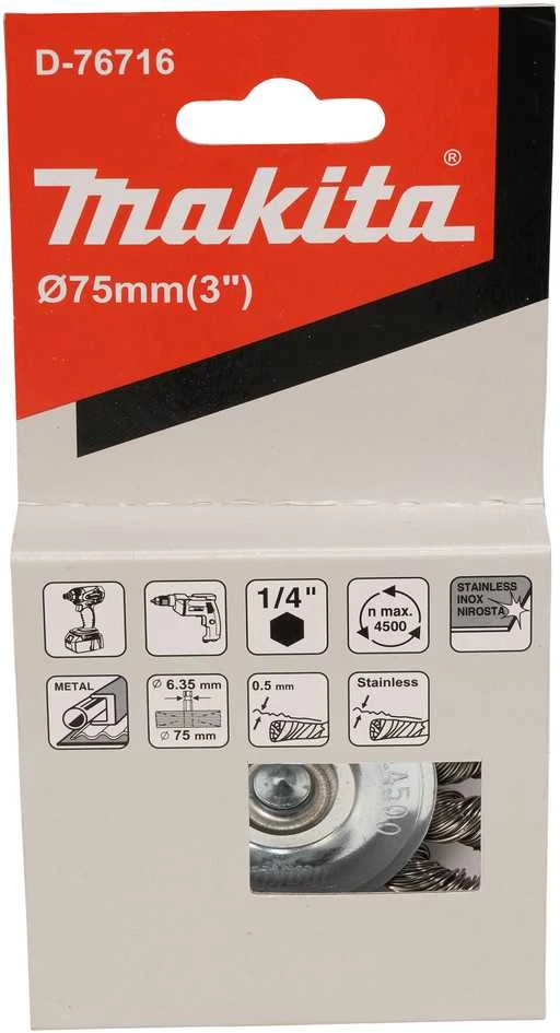 Makita Disko formos 75mm, su 1/4'' šešiakampiu antgaliu, Nerūdijantis plienas (Sukta viela) D-76716