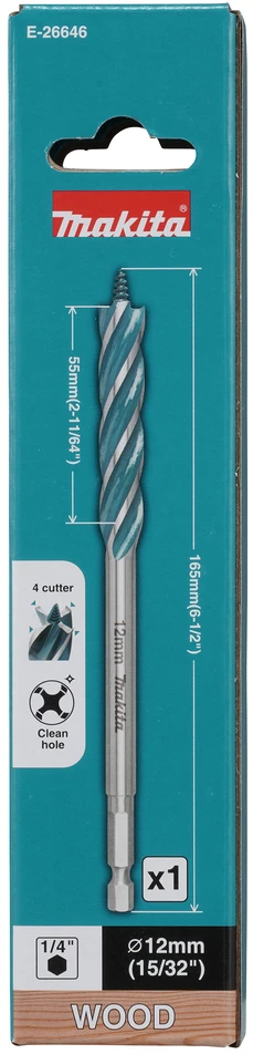 Makita Grąžtas medienai su 4 grioveliais ir 4 pjaunančiomis briaunomis, 12x165 mm, su 1/4" šešiakampiu koteliu E-26646