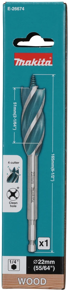 Makita Grąžtas medienai su 4 grioveliais ir 4 pjaunančiomis briaunomis, 22x165 mm, su 1/4" šešiakampiu koteliu E-26674